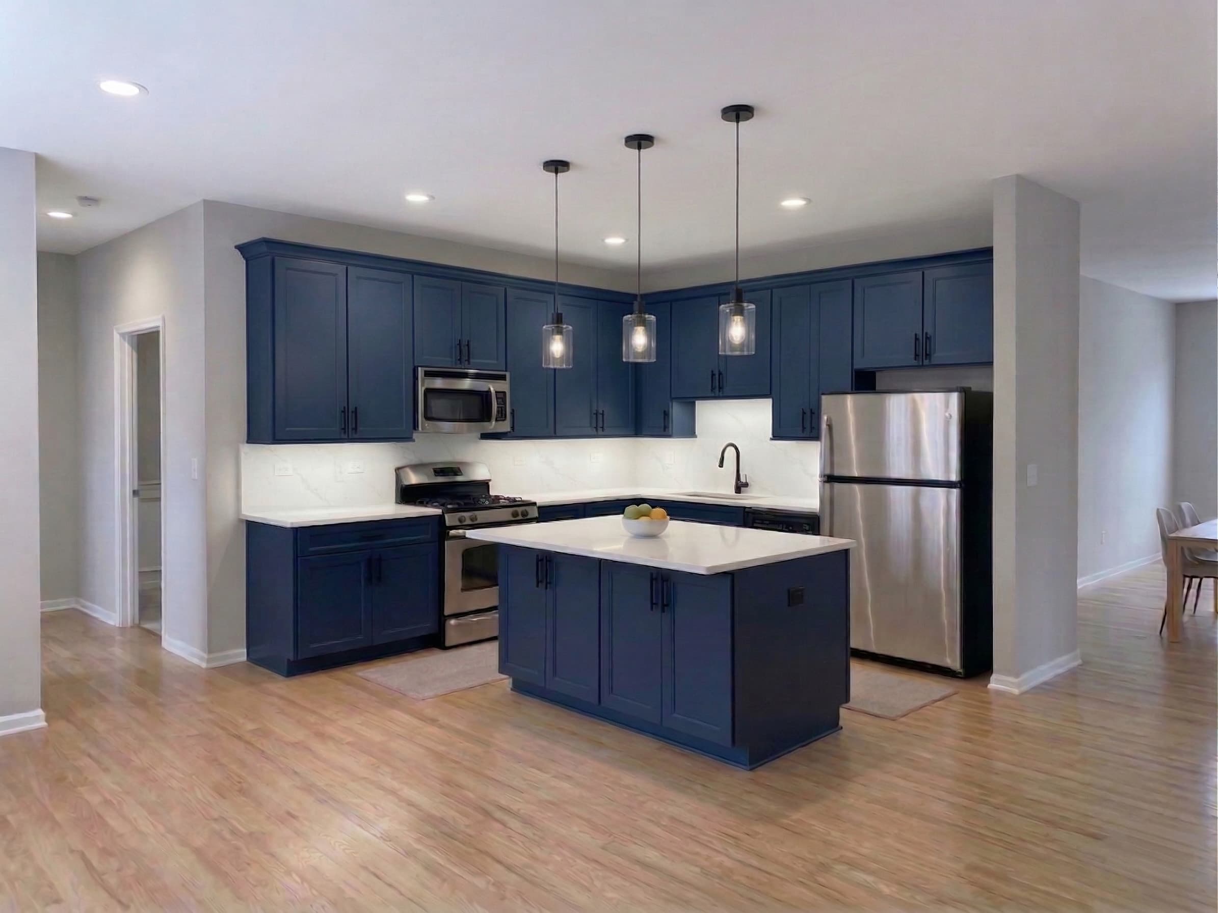 Midnight Navy cabinet finish — Full navy · Black hardware
