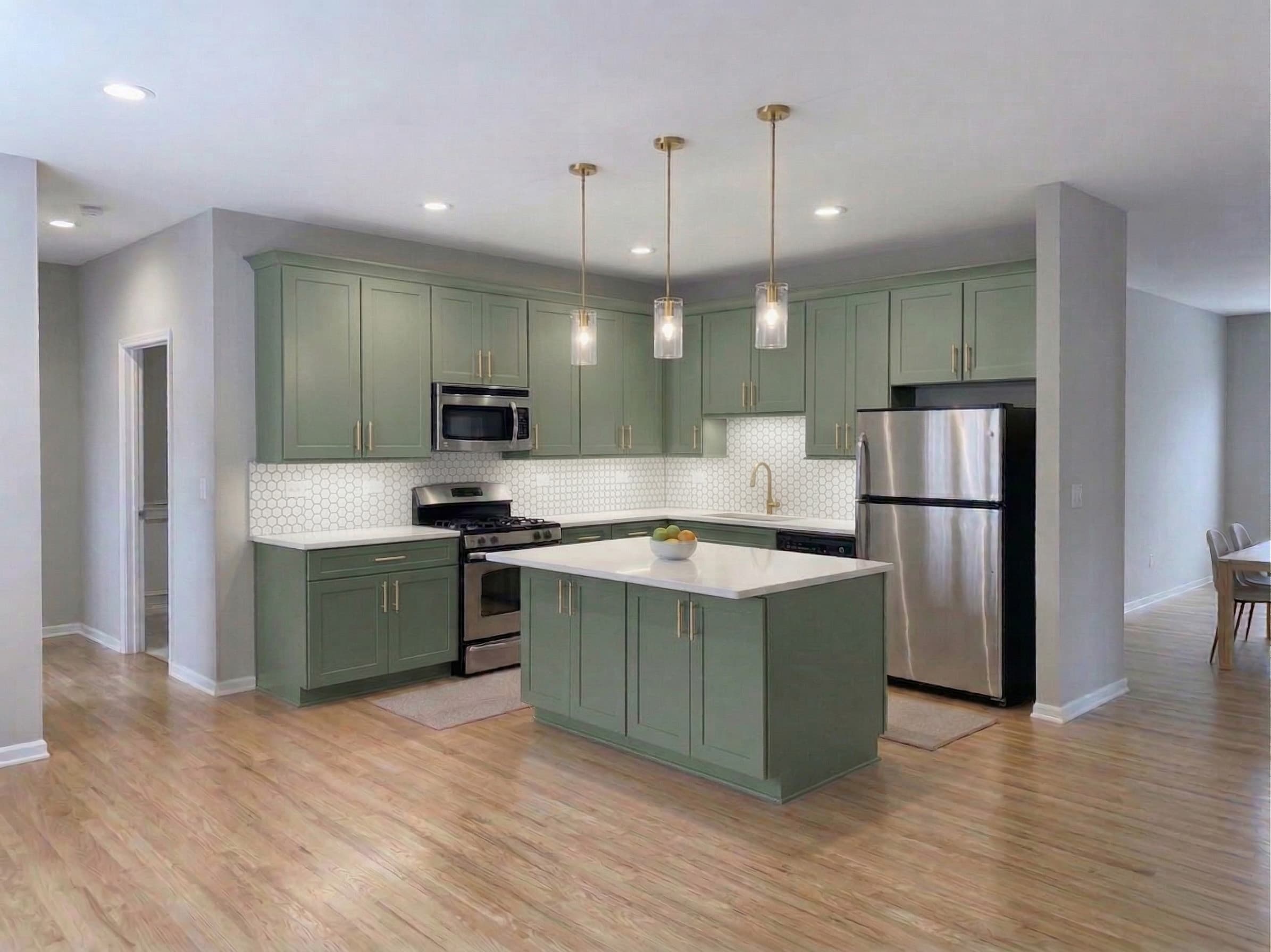 Sage Green cabinet finish — Sage green matte · Gold hardware