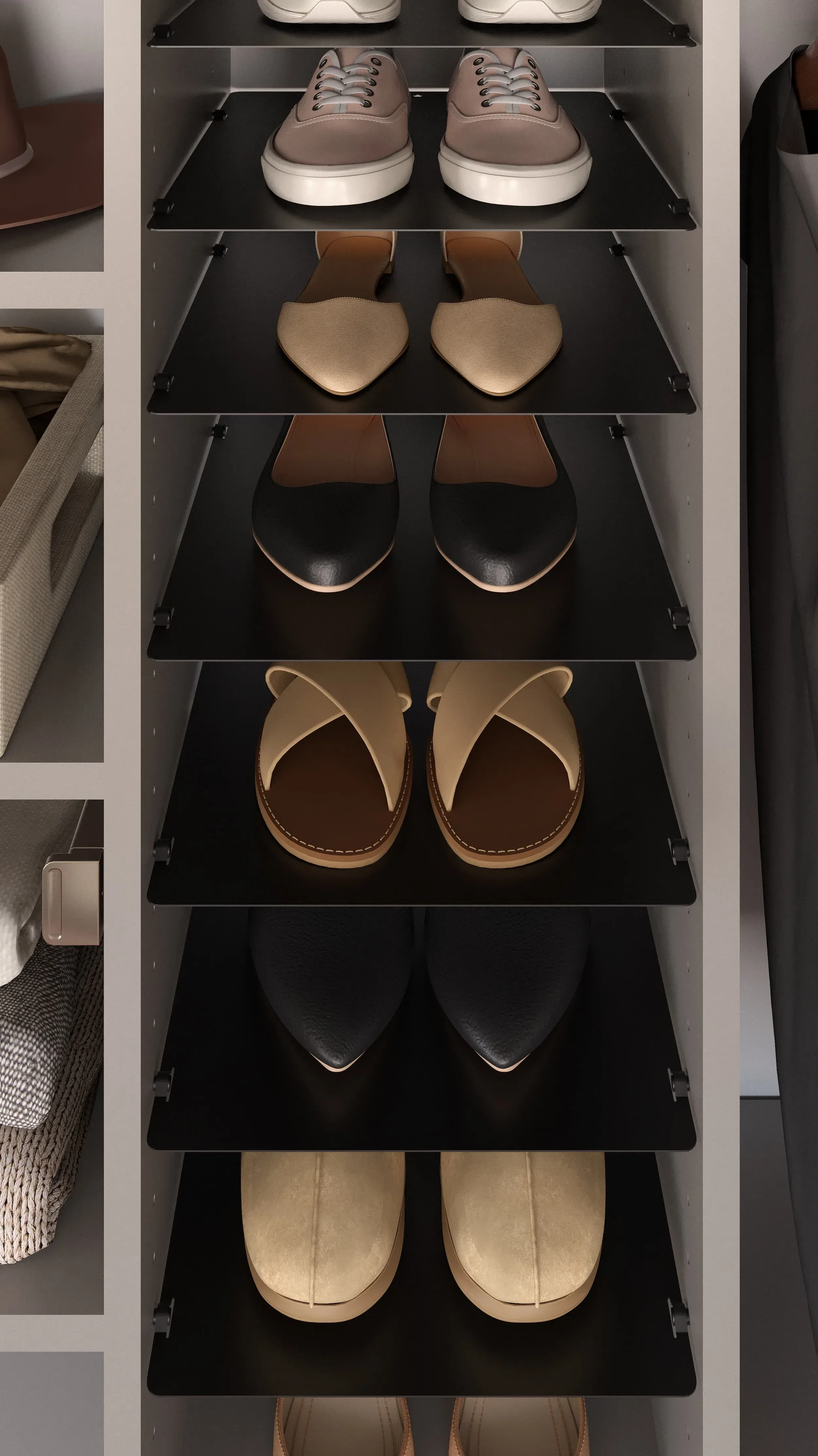 Walk-in closet with double hanging sections, open shelving and a drawer bank