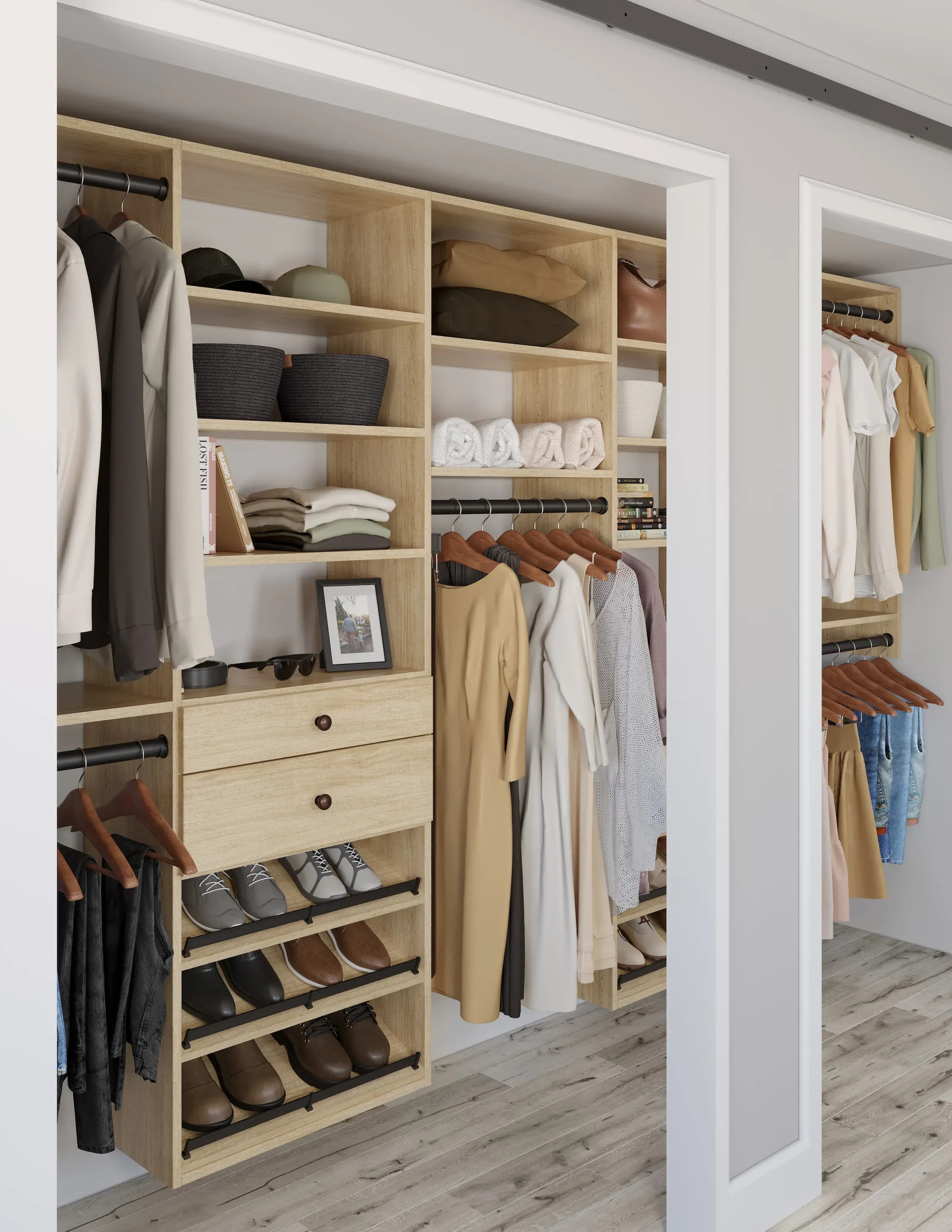 Closet system with full-height hanging space and adjustable shelving